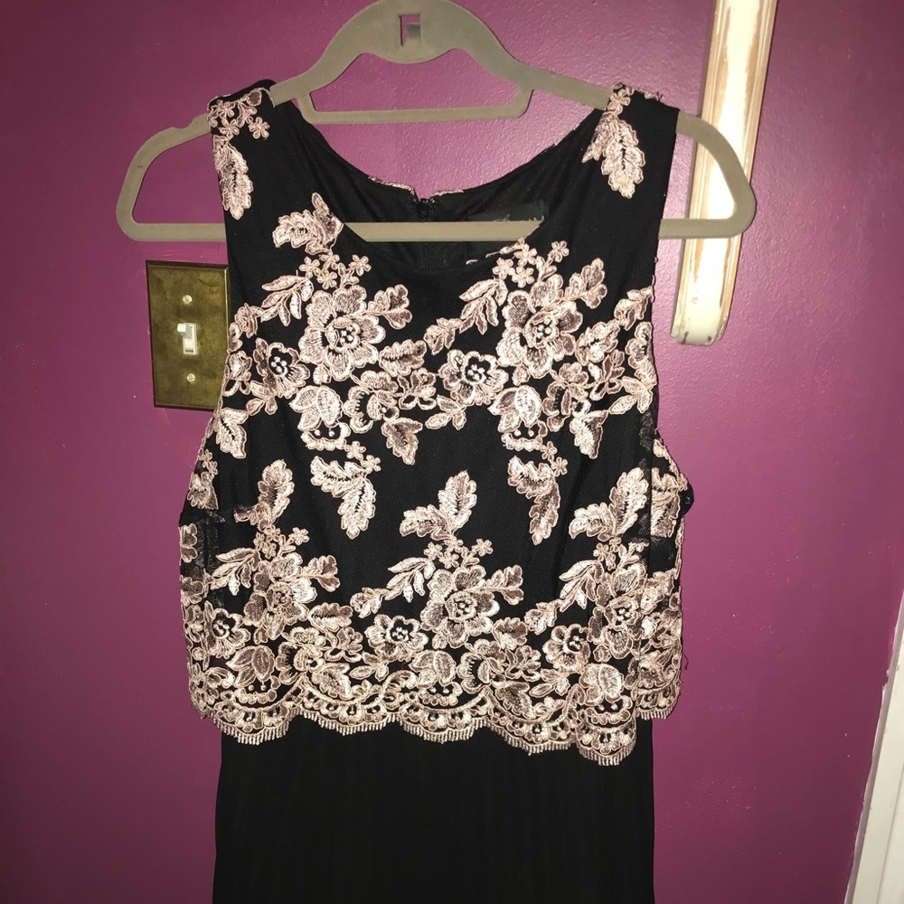 Black Prom Dress with pink embroidered flowers